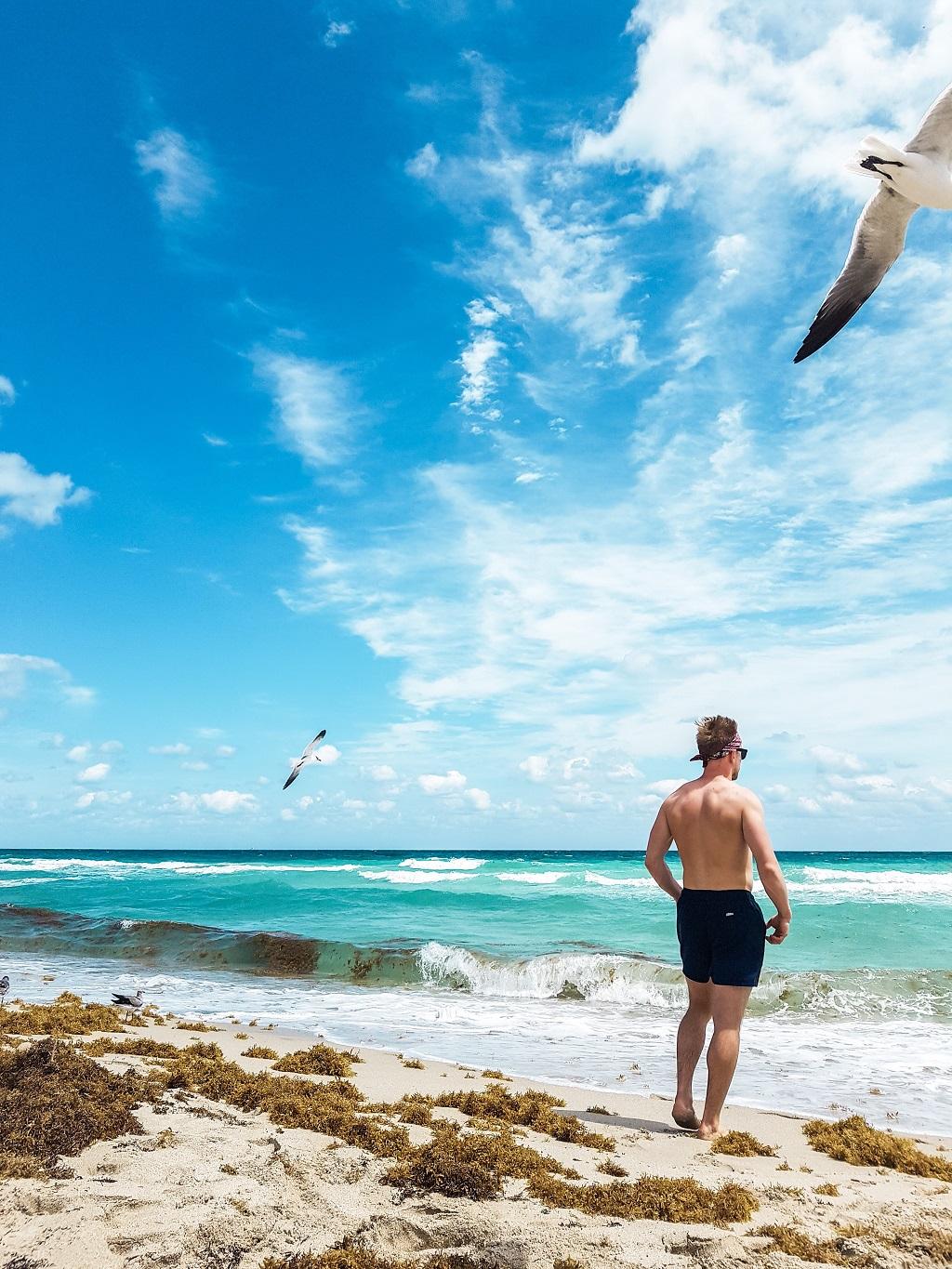Man standing on a beach with seagulls flying overhead