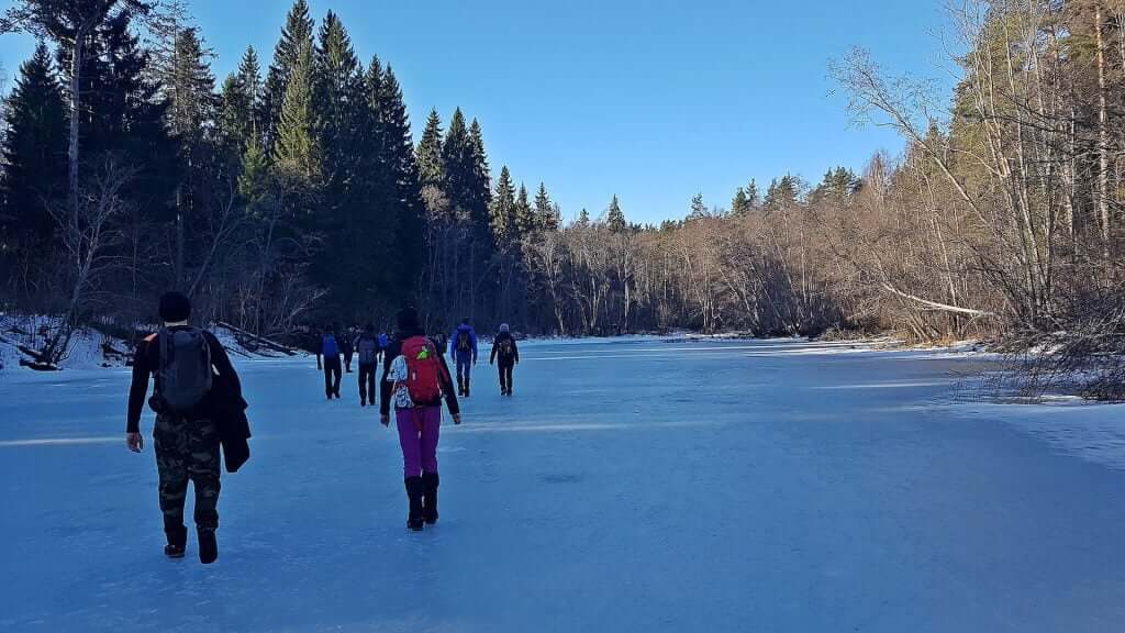 Winter hike over the frozen river