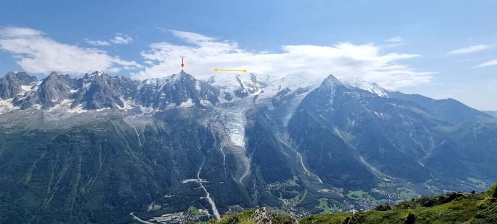 Aiguille du Midi and Mont Blanc marked
