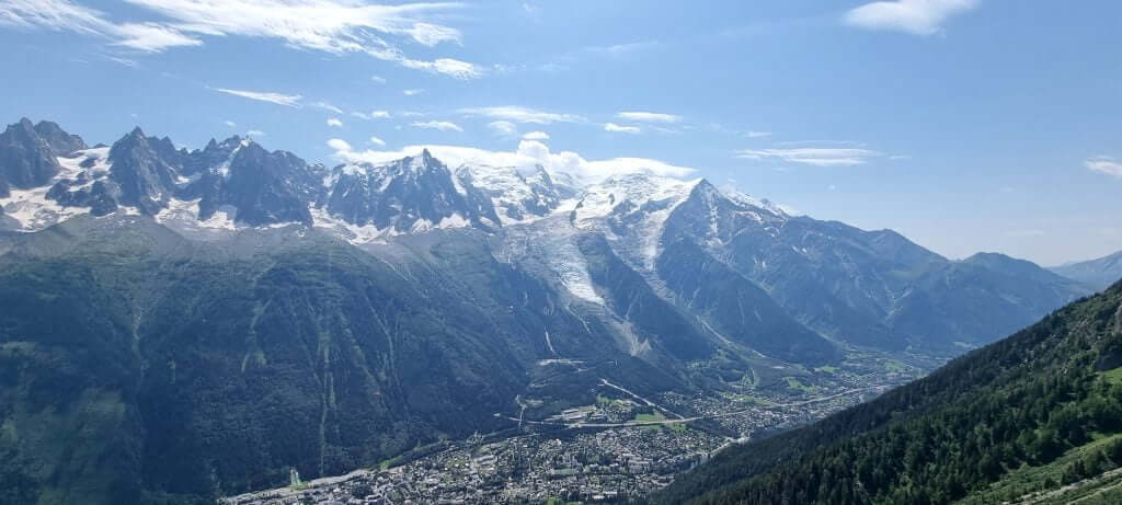 First level of Le Brévent with Chamonix village and Mont Blanc in background