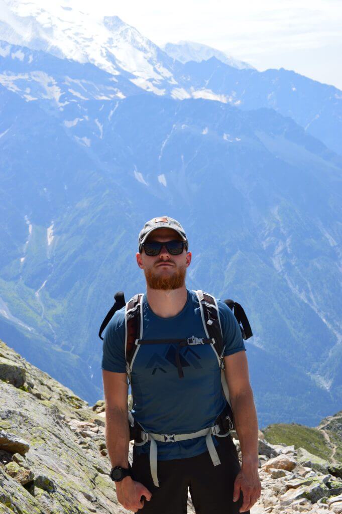 Hiker climbing at Le Brévent