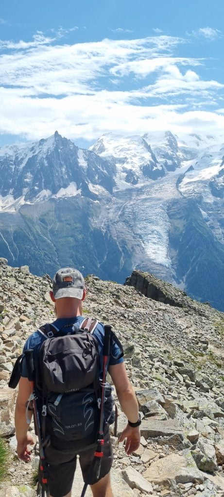 Hiker at Le Brévent with Mont Blanc view