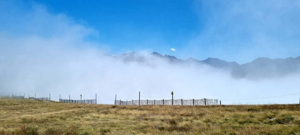 Wind turbines visible as fog clears